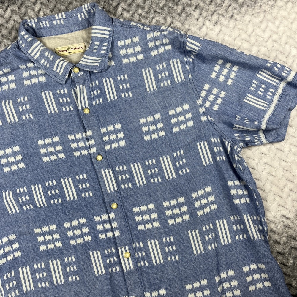 Tommy Bahama Shirt Mens XXL Blue Island Zone Silk Blend Hawaiian Geometric Camp